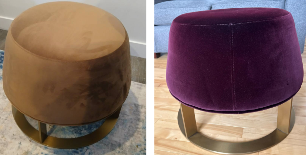 Round ottoman upholstered in brown velvet