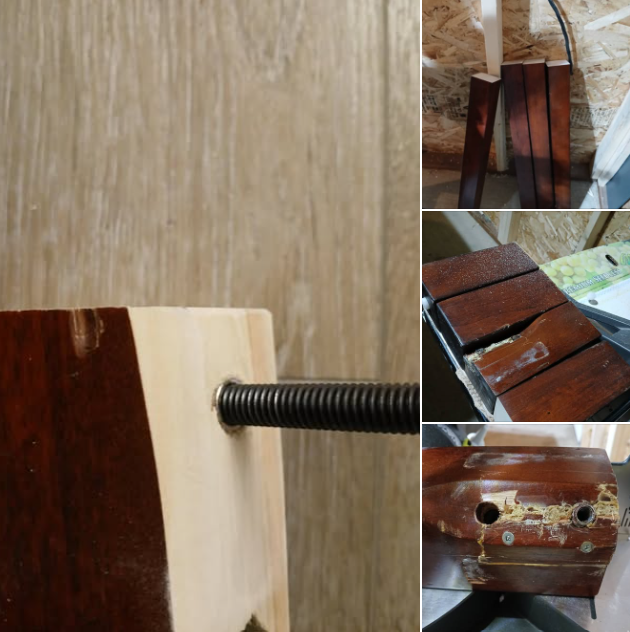 Table leg's damaged side cut and remade for stability.