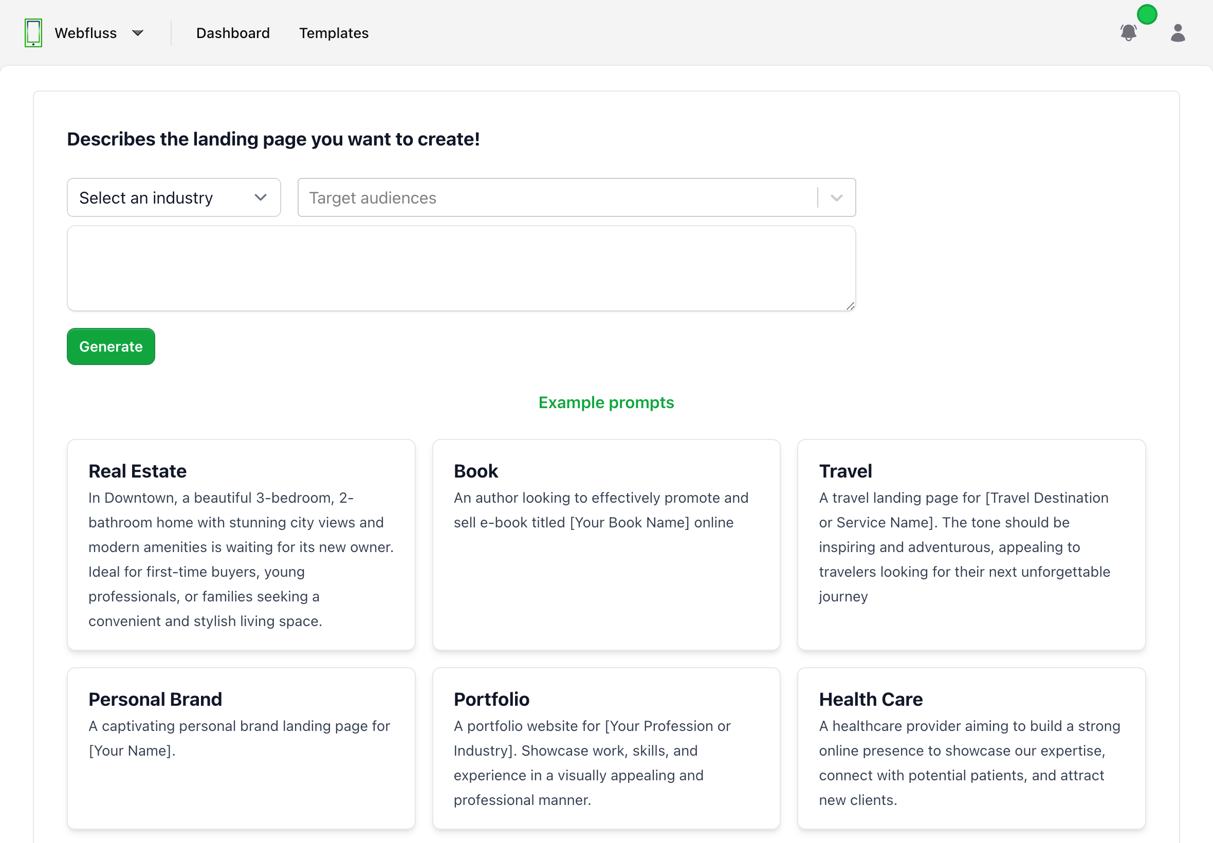 Form with fields for selecting industry, target audience, and a text area for adding a prompt to create an AI-generated landing page layout