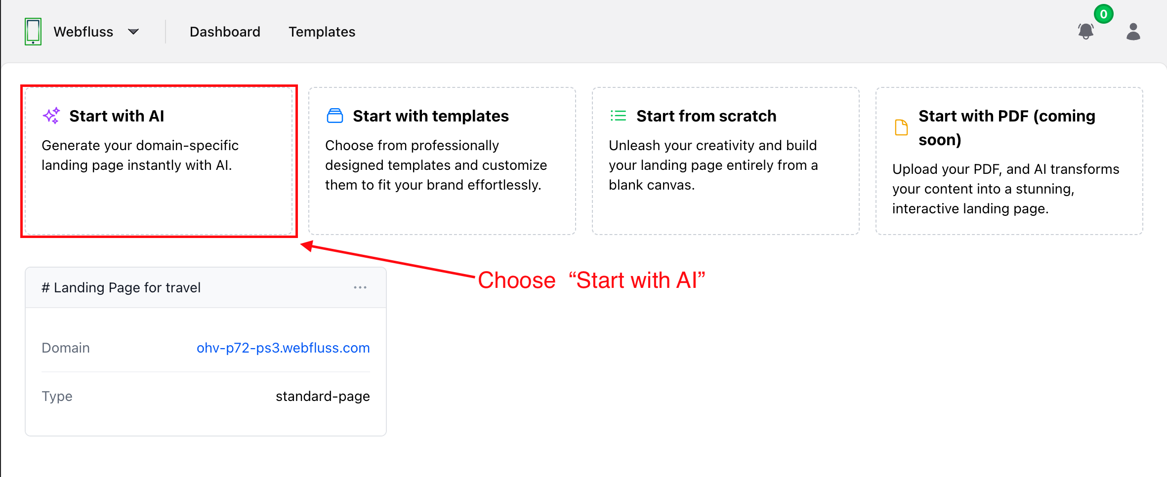 Webfluss interface showcasing the ‘Start with AI’ feature for generating an industry-specific, AI-powered landing page layout