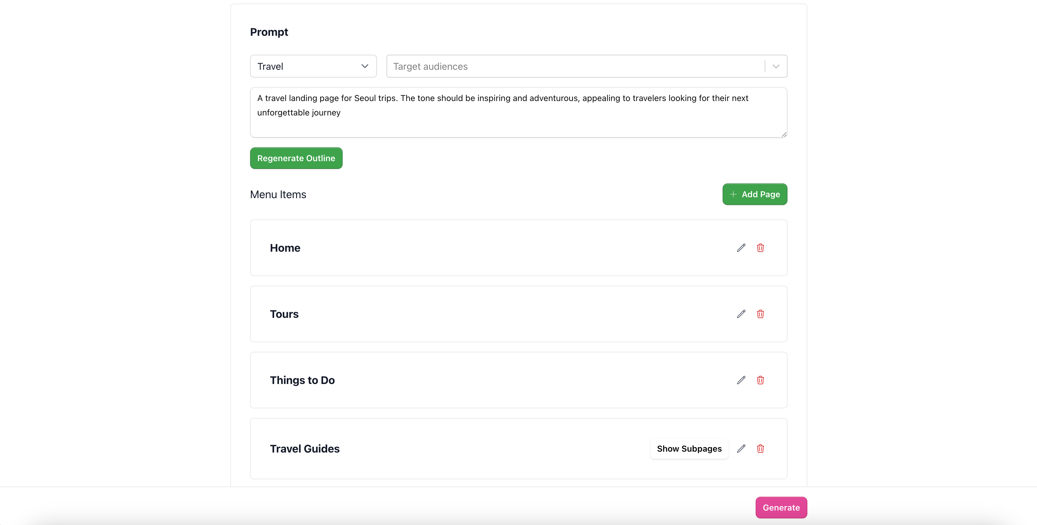 AI-generated menu structure